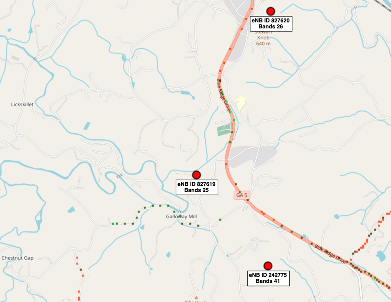 CellMapper.net map showing Sprint towers on LTE bands 25, 26 and 41