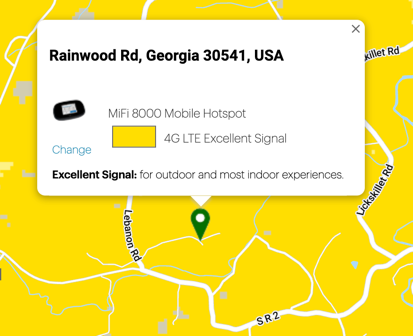 Sprint covearge map showing excellent 4G LTE signal for a MiFi 8000 hotspot at a rural address